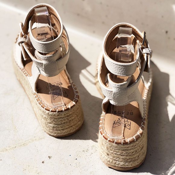 NEW Off White Ivory Ankle Wrap Lace Up Buckle Platform Espadrille Sandals Shoes - Picture 6 of 15